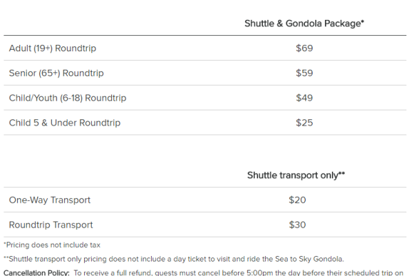 cuanto cuesta shuttle sea to sky gondola squamish vancouver